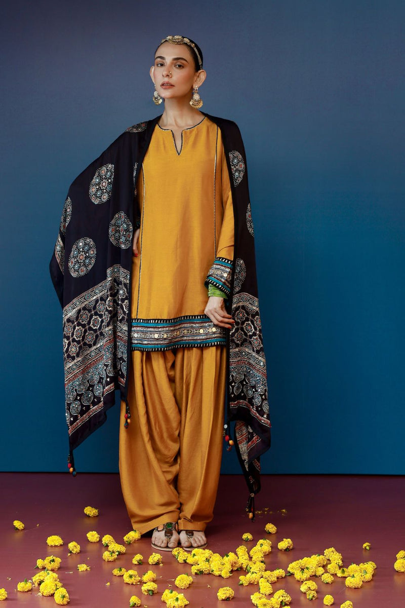 Pherie Mustard Salwaar Kameez and Dupatta Set silk by PRAHNAAYA in pink color for women Worldwide