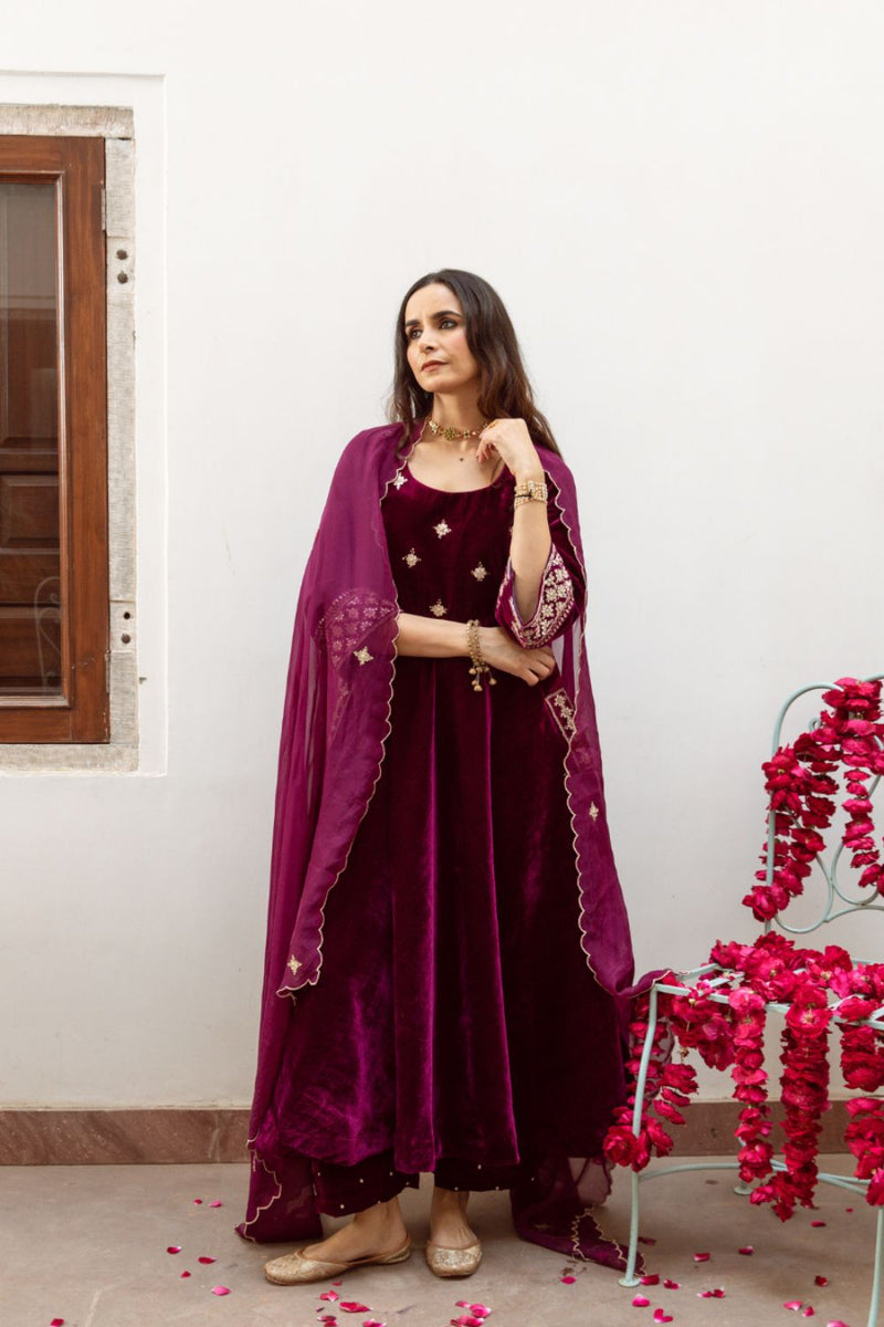 Zeya - Velvet Embroidered Suit Set by Maison Shefali in purple color for women Worldwide