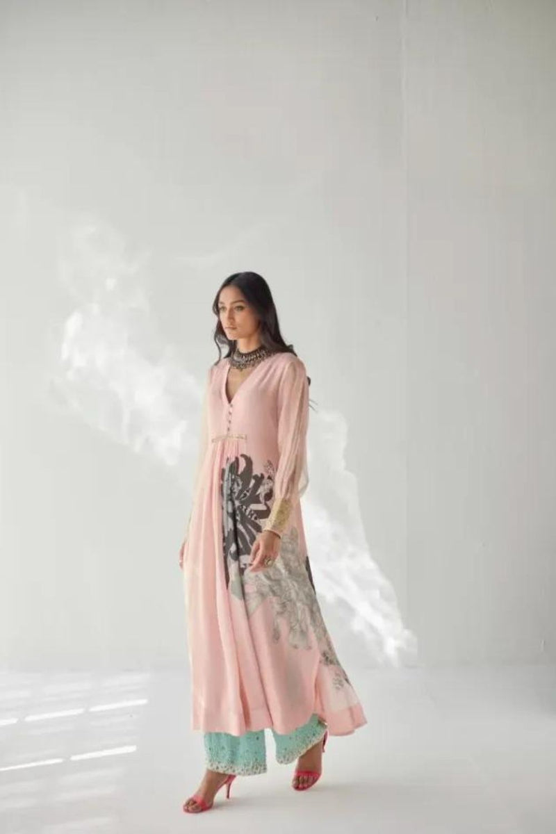 NUDE PINK SIDE FLOWER KURTA SET Kurta Sets by Rajiramniq for women Worldwide