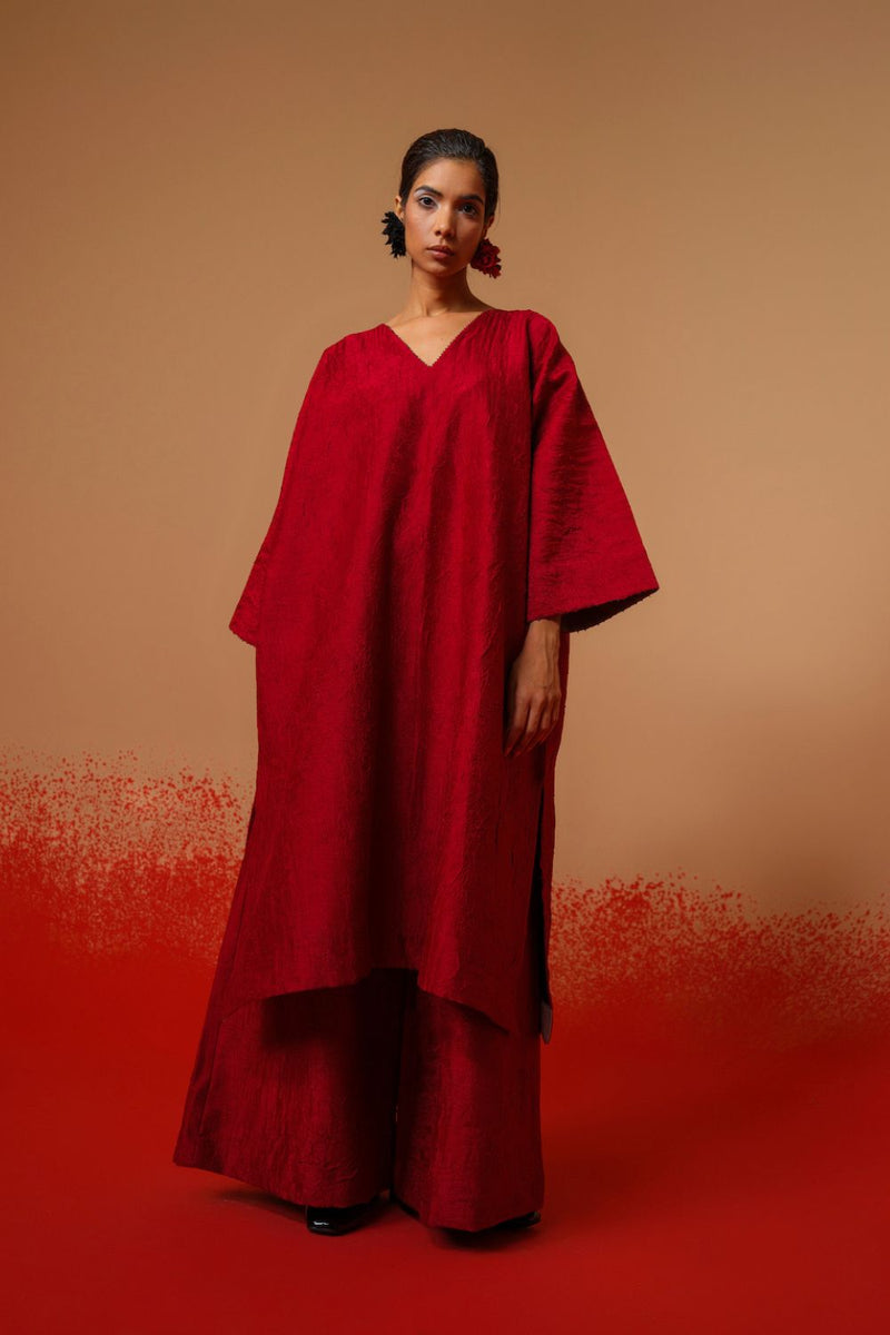 Flow Tunic-Red + Black mysore silk kaftans and tunics by Stoique in red, black for women Worldwide
