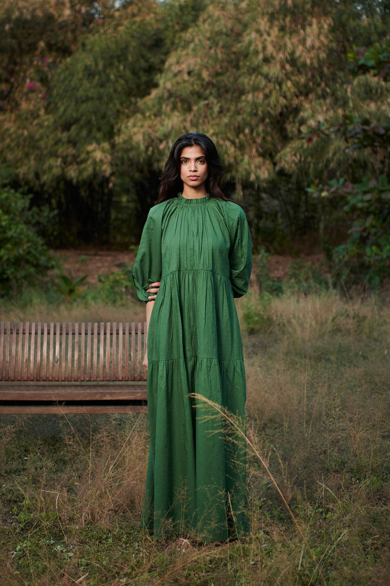 Thyme Co-Linen Three Tiered Dress linen by Saphed in green color for women Worldwide