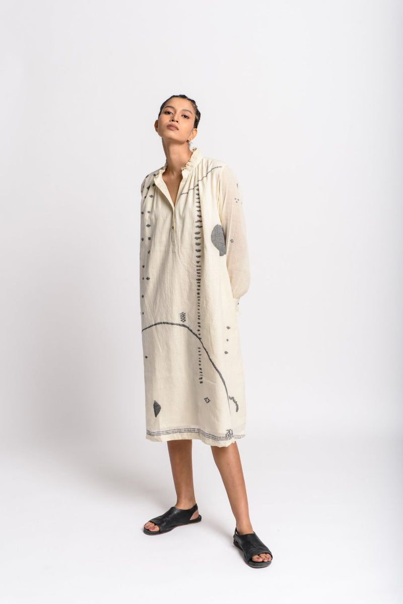 Abstract jamdani flared dress - Off - White Dress by World of Crow in white color for women Worldwide