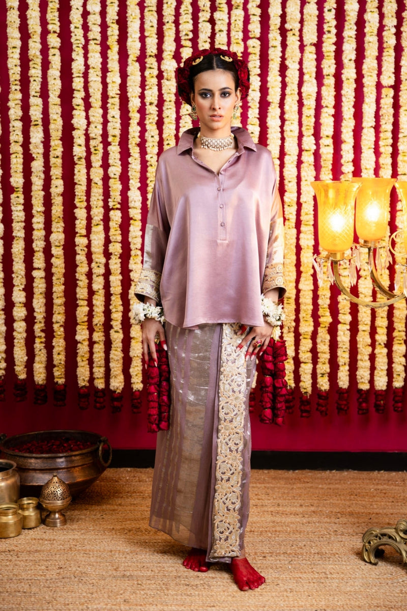 Chanderi Silk Lungi Skirt & Shirt Set-Mauve / Grape chanderi silk indo-western by Sabo by Sabina in mauve for women Worldwide