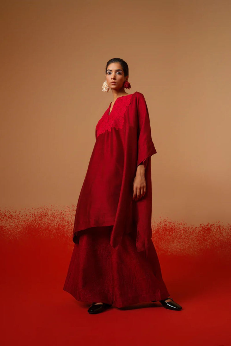 Beam Tunic-Red mysore silk kaftans and tunics by Stoique in red for women Worldwide
