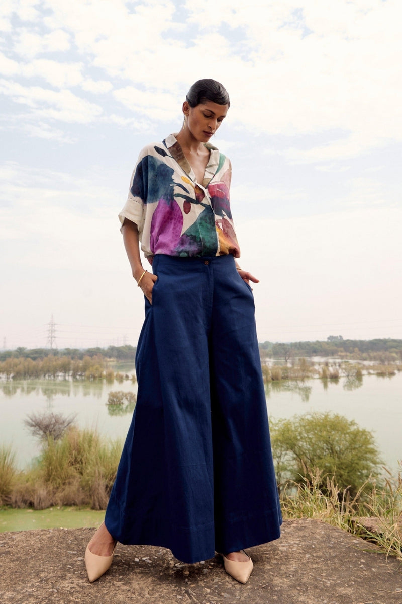Bay Trouser cotton pant/trouser by Khara Kapas in blue for women Worldwide