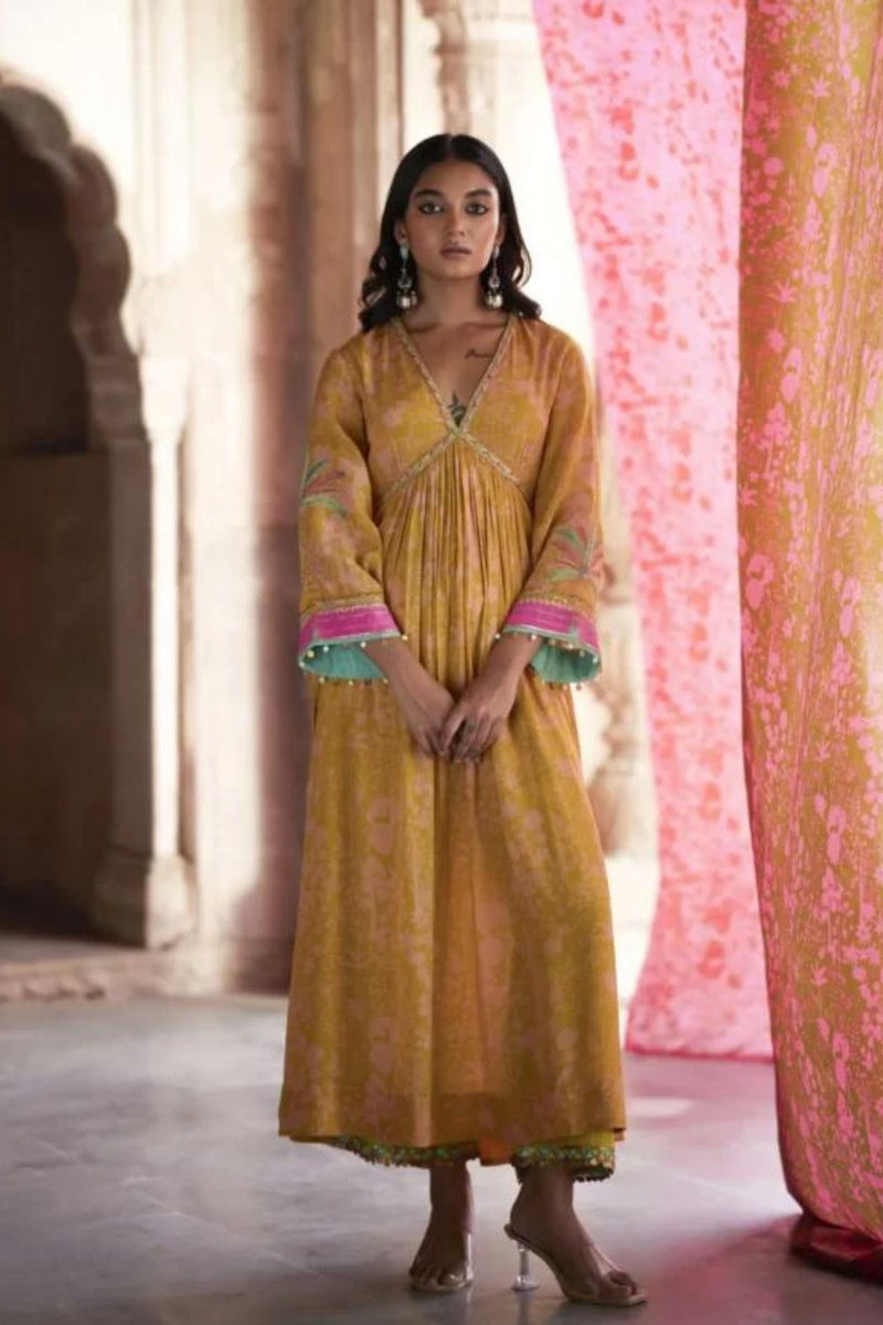 Nadira Yellow Tree Bell Sleeve Kurta Set by Rajiramniq in yellow color for women Worldwide