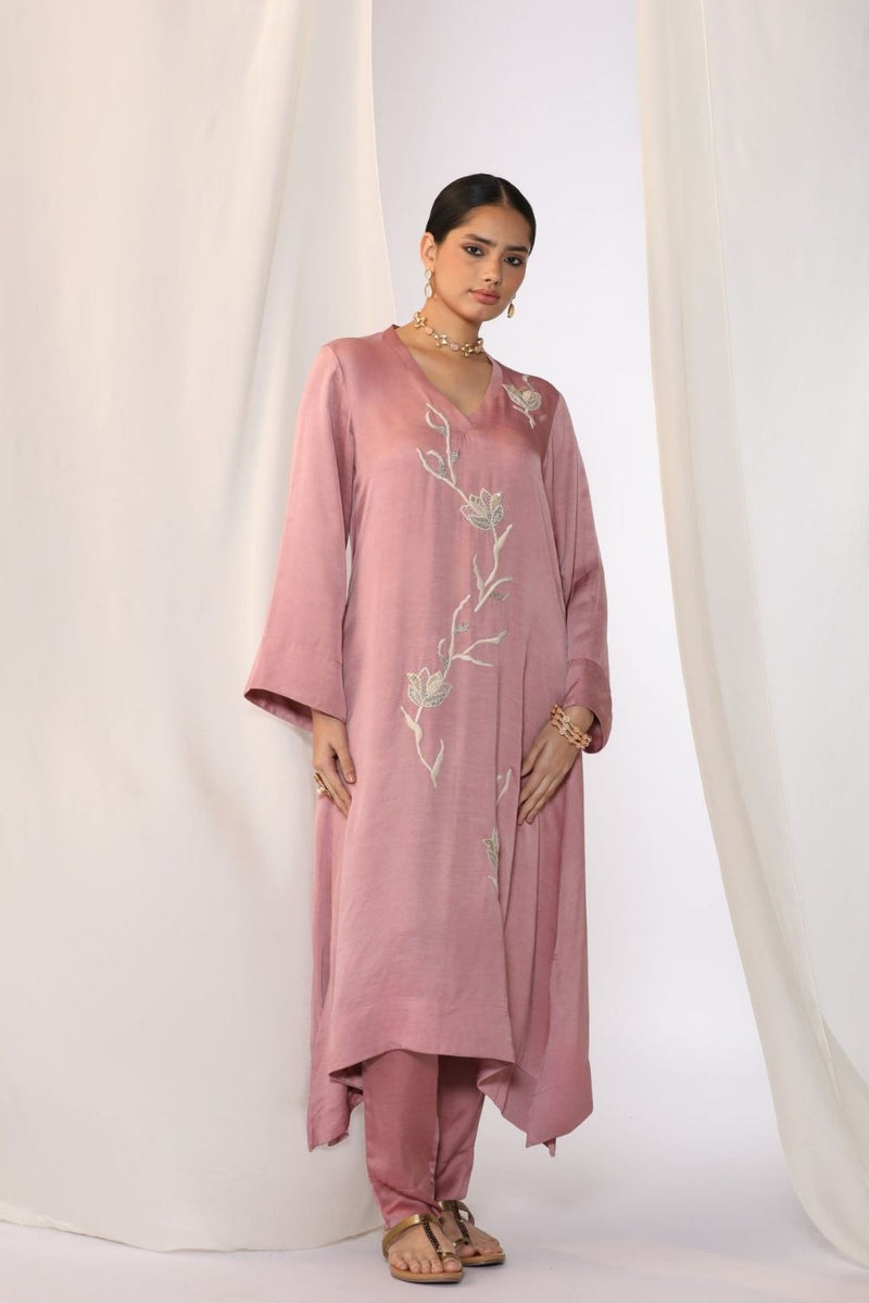 Linen satin kurta with floral handwork embroidery satin by Myoho in pink color for women Worldwide