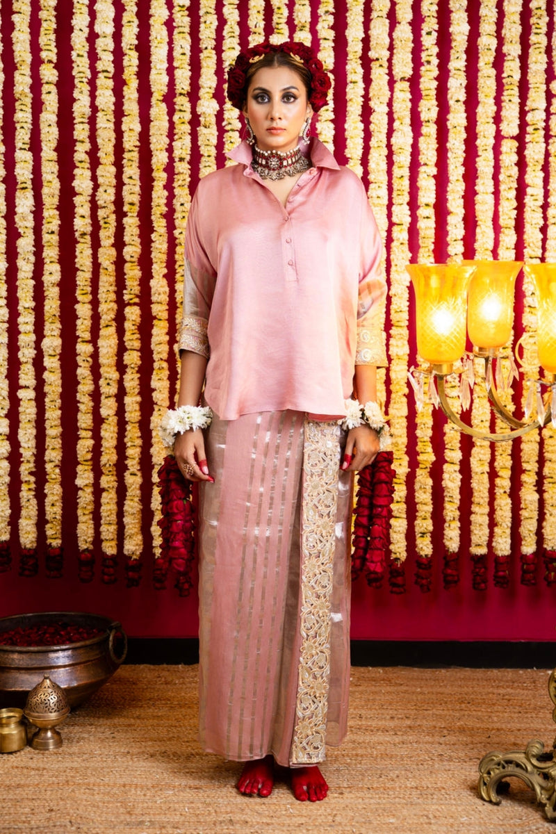 Chanderi Silk Lungi Skirt & Shirt Set-Dusty Pink chanderi silk indo-western by Sabo by Sabina in pink for women Worldwide