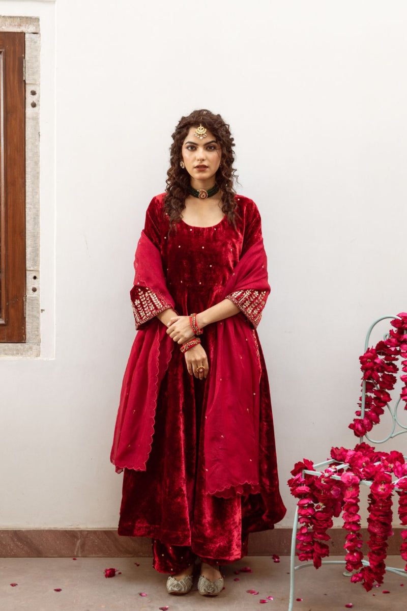 Zeya Gulaab - Velvet Embroidered Suit Set by Maison Shefali for women Worldwide