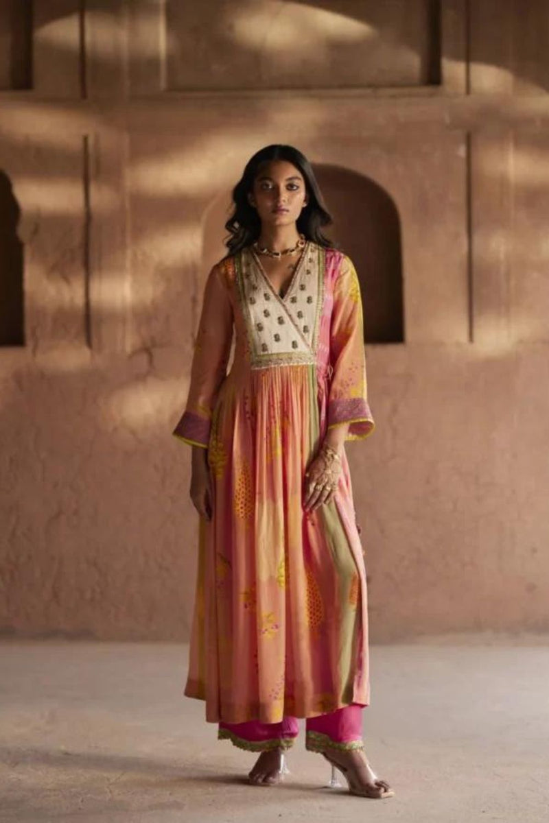 Nadira Pinkish Peach Pintuck Angrakha Kurta Set mul by Rajiramniq in multi color for women Worldwide