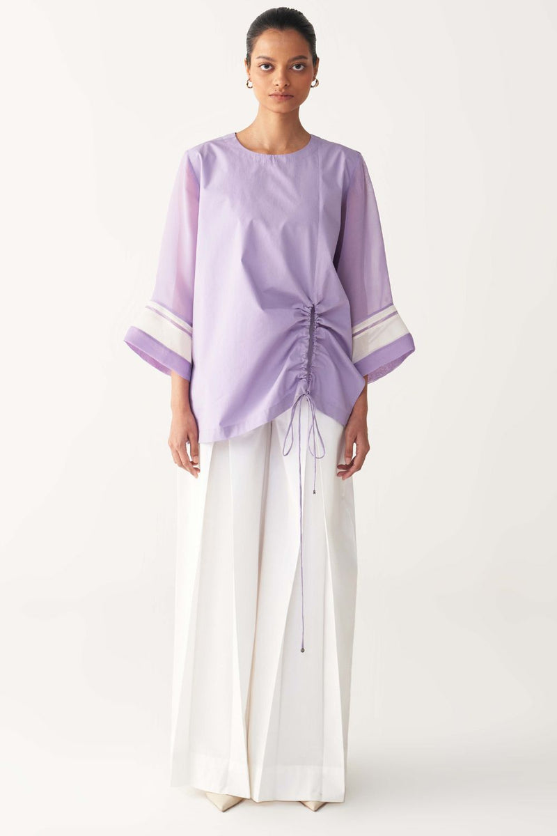 FRONT DRAWSTRING TOP CO-ORD-LAVENDER poplin by THREE for women Worldwide