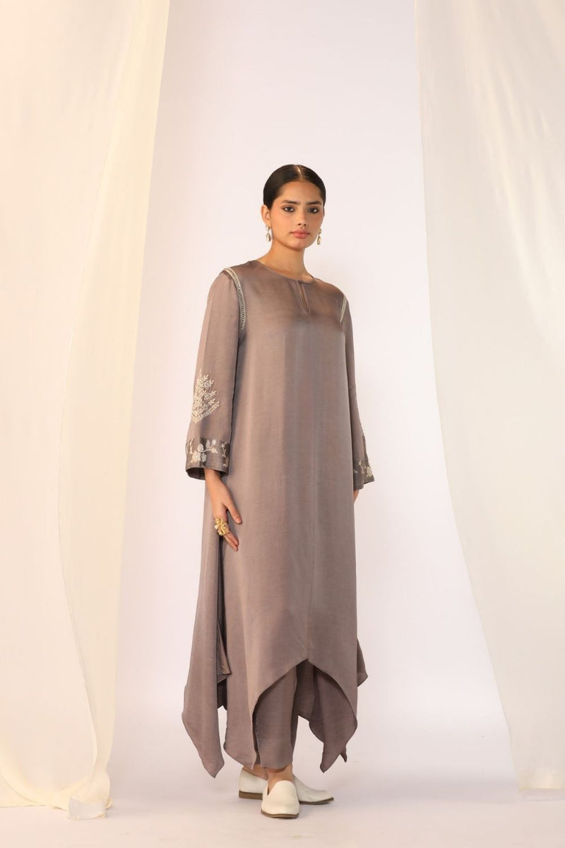 Linen satin keyhole kurta with delicate handwork satin by Myoho in grey color for women Worldwide