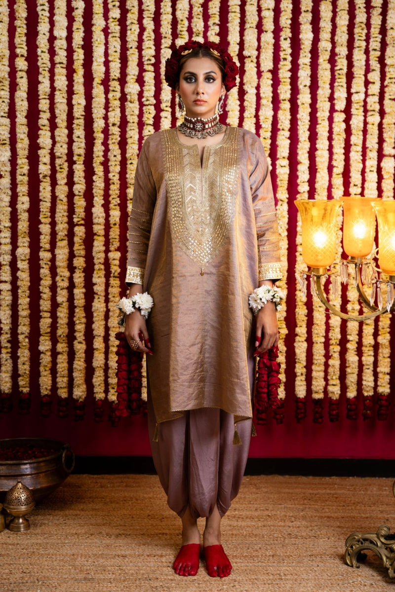 Raw Silk Tissue Tunic & Dhoti Pant Set-Chikoo raw silk kurta/kurta set by Sabo by Sabina in brown for women Worldwide