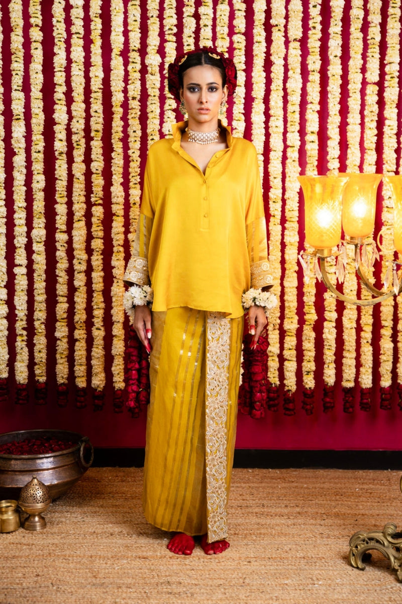 Chanderi Silk Lungi Skirt & Shirt Set-Ochre Yellow chanderi silk indo-western by Sabo by Sabina in yellow for women Worldwide