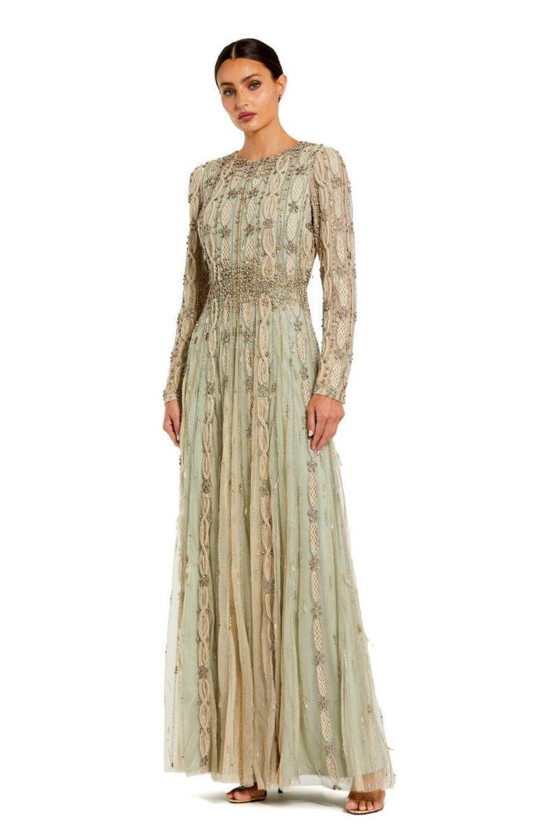 10077-Embellished Mesh Long Sleeve A Line Gown by Mac Duggal for women Worldwide