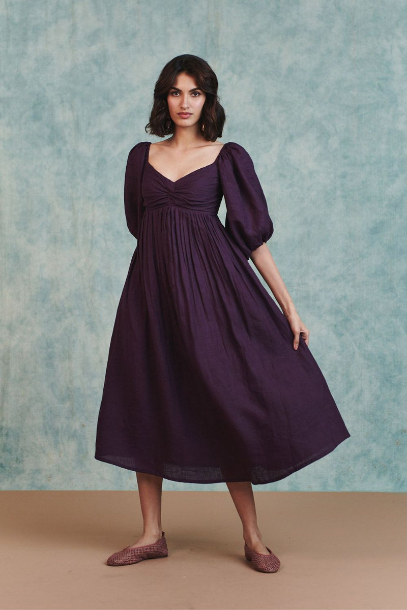 Plum Linen Front Twist Dress 100% pure linen dress by Saphed in plum for women Worldwide