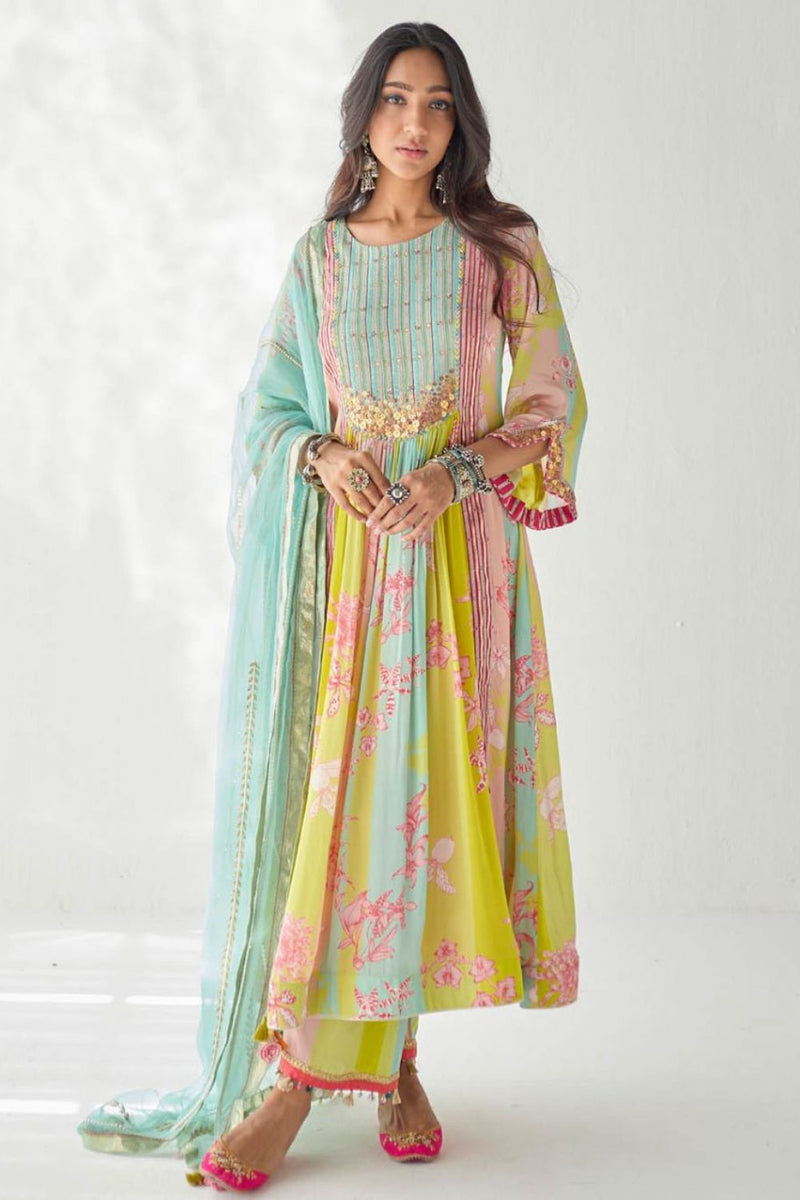 LIME YELLOW ORCHID FRONT PUCKERING YOKE KURTA SET Kurta Sets by Rajiramniq for women Worldwide