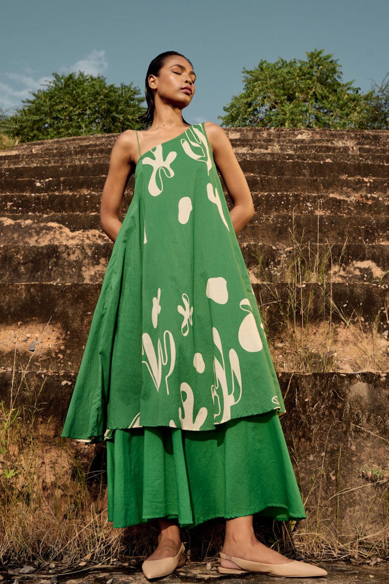 Crest dress cotton by Khara Kapas in green for women Worldwide