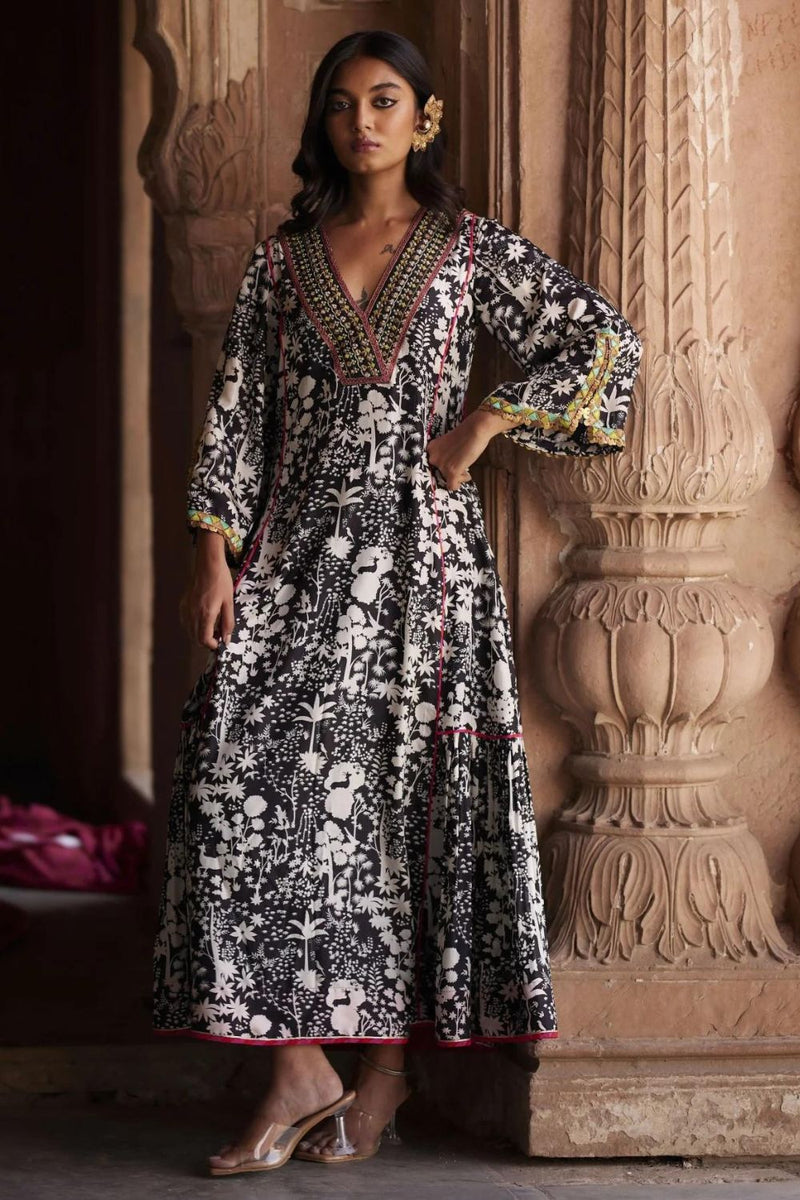 Nadira Black White Shadow Print Kurta by Rajiramniq in black color for women Worldwide