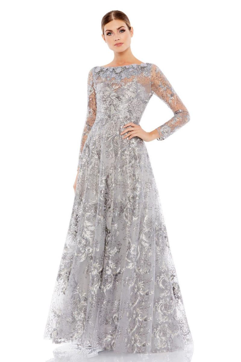 A67498-Floral Embroidered Illusion Long Sleeve Gown by Mac Duggal in silver color for women Worldwide