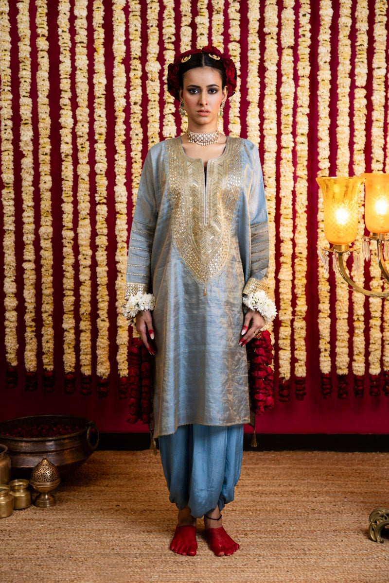Raw Silk Textured Tunic & Benarasi Pant Set-Aasmani Blue raw silk kurta/kurta set by Sabo by Sabina in blue for women Worldwide