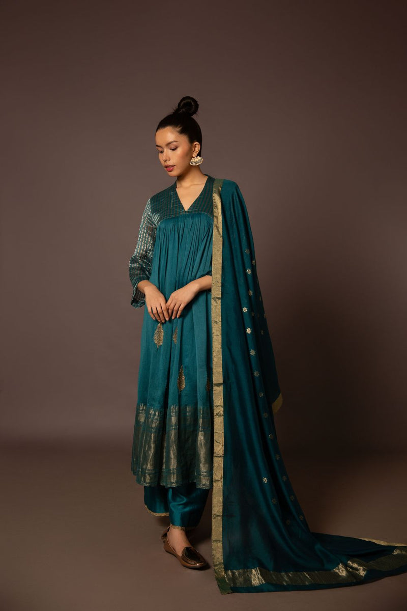 Teal Benerasi Border Kurta Set chanderi by Myoho in teal color for women Worldwide