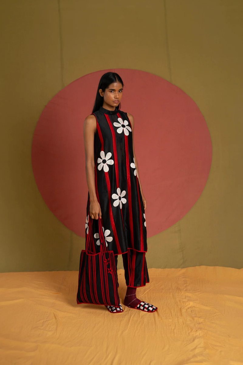 Patti Florist Tunic-Black and red chanderi tunics/kaftan by Ka-Sha in red for women Worldwide