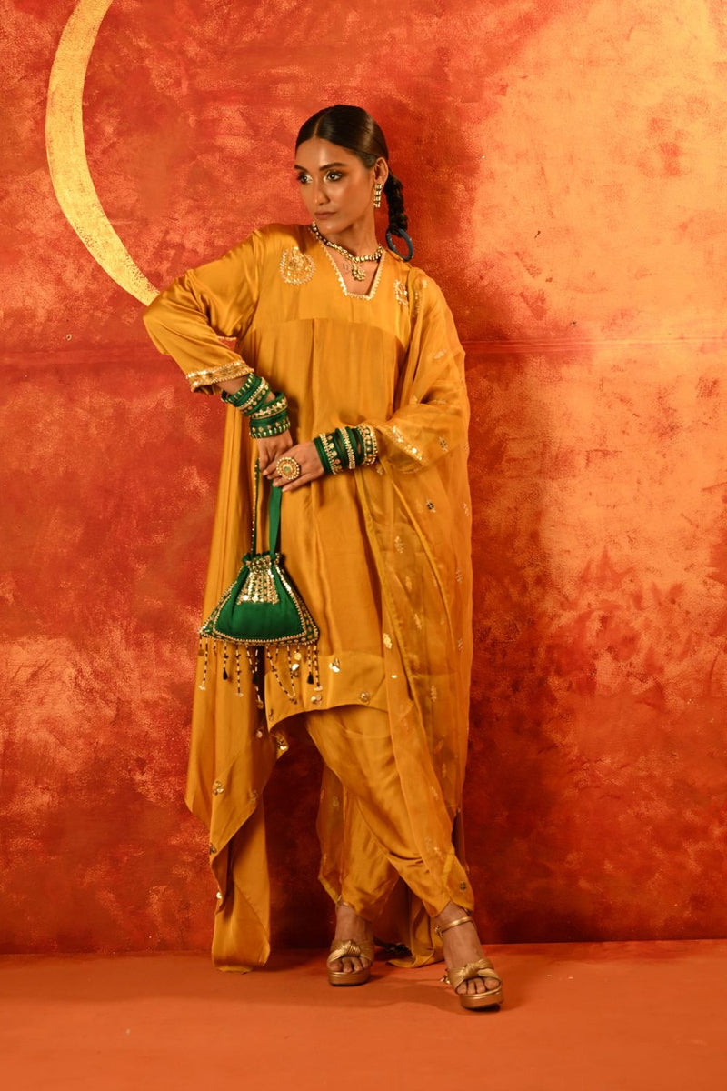Mahi Mustard Asymmetric Kurta Set with coord Dupatta satin by PRAHNAAYA in yellow color for women Worldwide