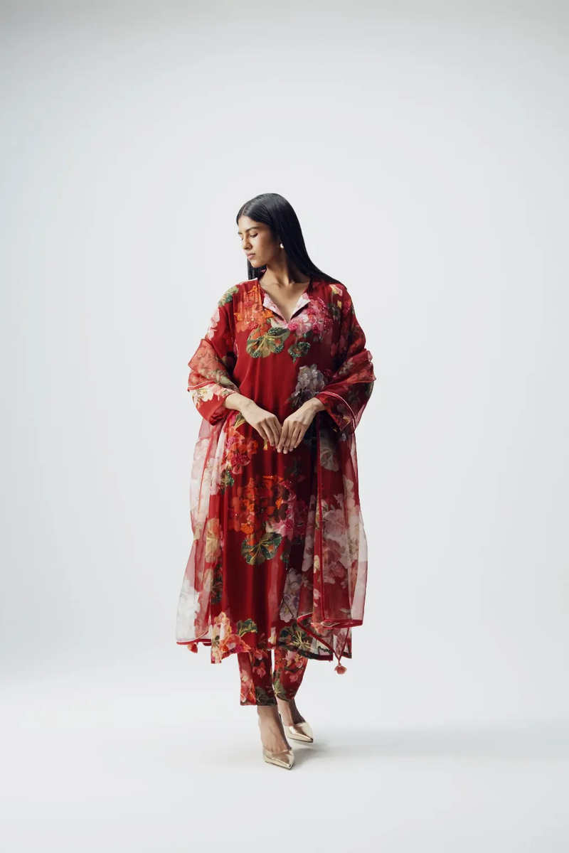 Jingle Embroidered Kurta Set by YAM in red color for women Worldwide