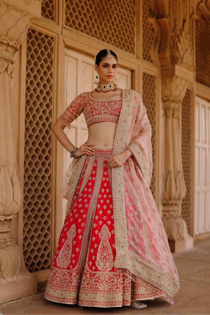 Nusrat-Hot Pink Kali-In-Kali Lehenga Set With Blouse And Dupatta raw silk, silk organza lehenga sets by SHEETAL BATRA in pink for women Worldwide
