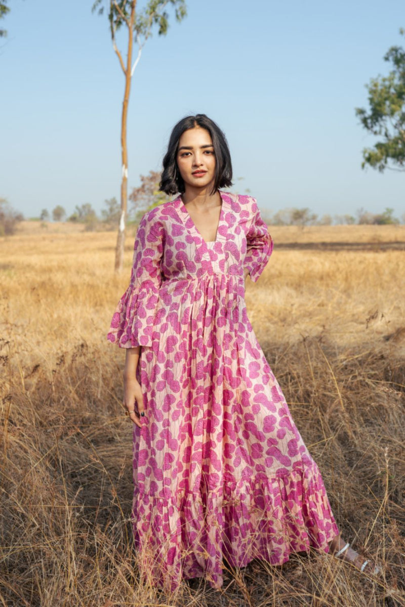 Mussoorie Maxi Dress - Handblock Printed Cotton Dress cotton by Marche in red color for women Worldwide