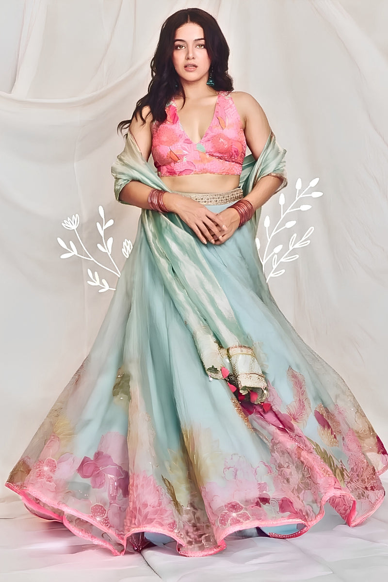 Wamiqa Gabbi Ice Blue Floral Organza Lehenga Set