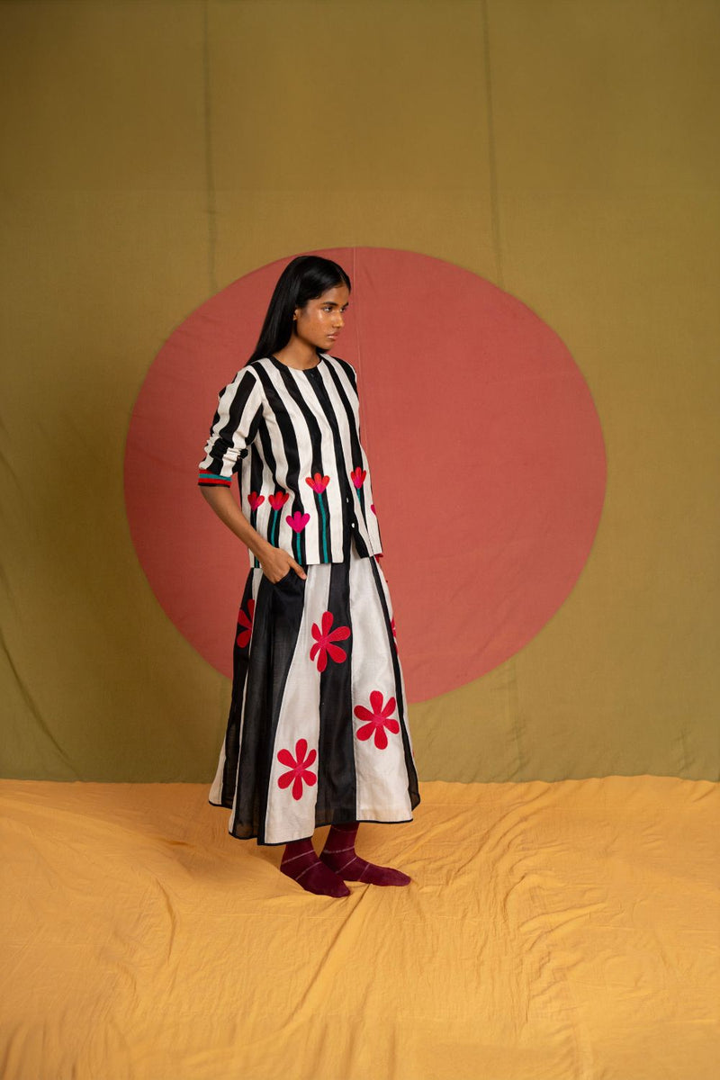 PW Florist Skirt-Black and White chanderi skirt by Ka-Sha in black for women Worldwide