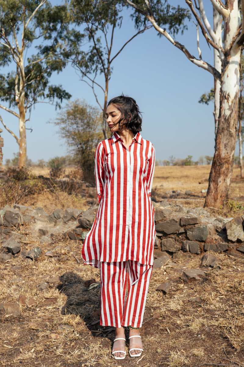 Ajmer Co-Ord Set -Handblock Printed Cotton Co- Ord Set cotton by Marche in red color for women Worldwide