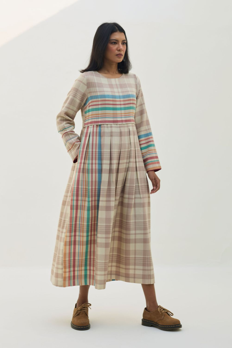 Fiona Merino Wool Pleated Dress - Beige by Manan in beige color for women Worldwide