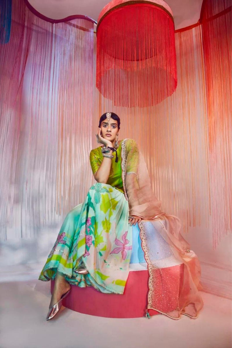 BRIGHT GREEN ORCHID GHARARA SET Kurta Sets by Rajiramniq for women Worldwide