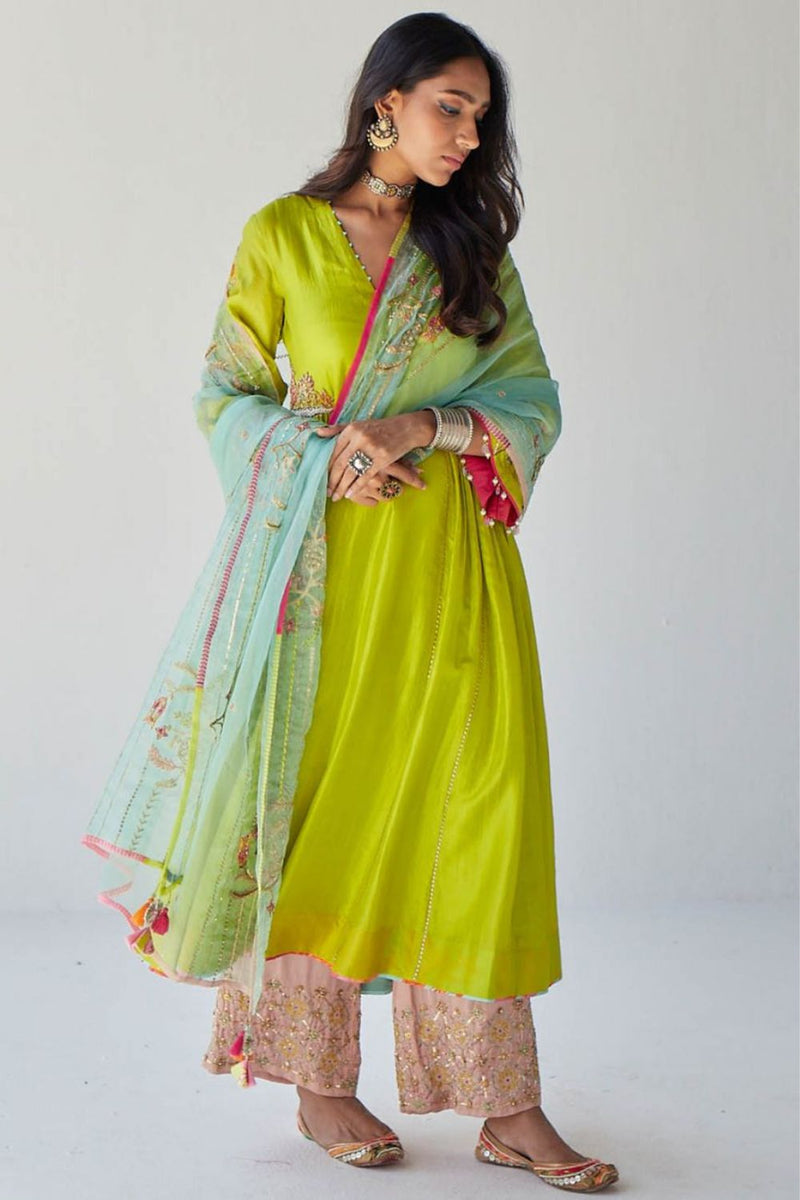 BRIGHT GREEN SIDE KALI KURTA SET Kurta Sets by Rajiramniq for women Worldwide