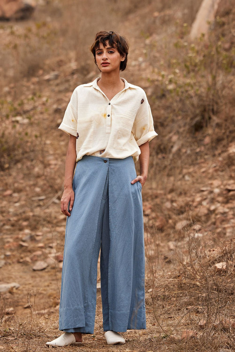 Aasmaan Linen Pants by Khara Kapas in blue for women Worldwide