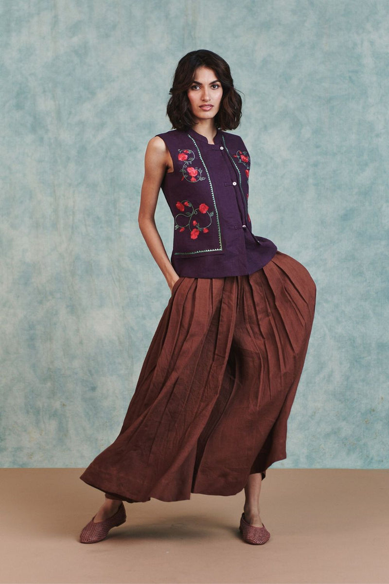 Plum Linen Embroidered Double Panel Waistcoat 100% pure linen jacket/overlay by Saphed in plum for women Worldwide