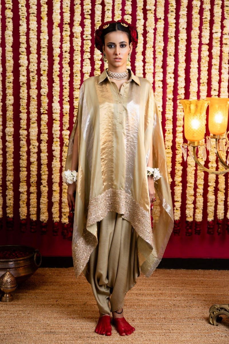 Chanderi Silk Jumpsuit & Cape Set-Pistachio Green chanderi silk indo-western by Sabo by Sabina in green for women Worldwide