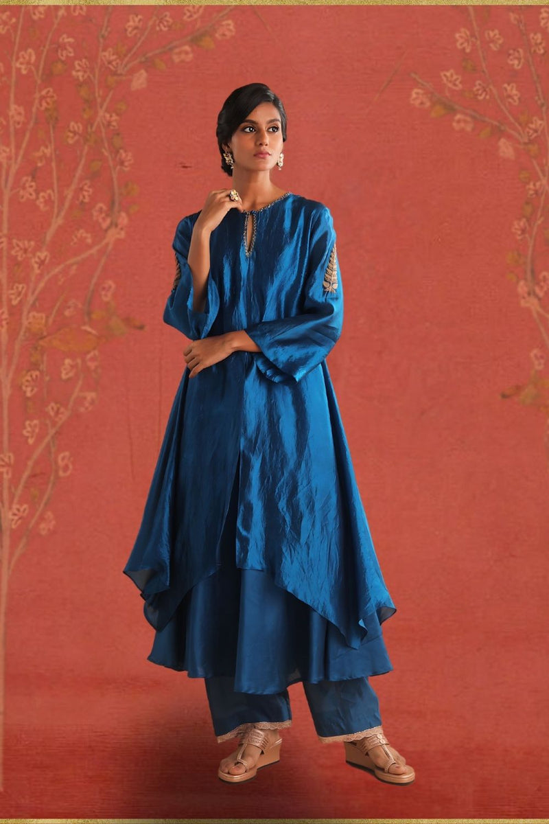Peacock Blue Kurta Set (MYO-2473- Saundarya) by Myoho in blue color for women Worldwide