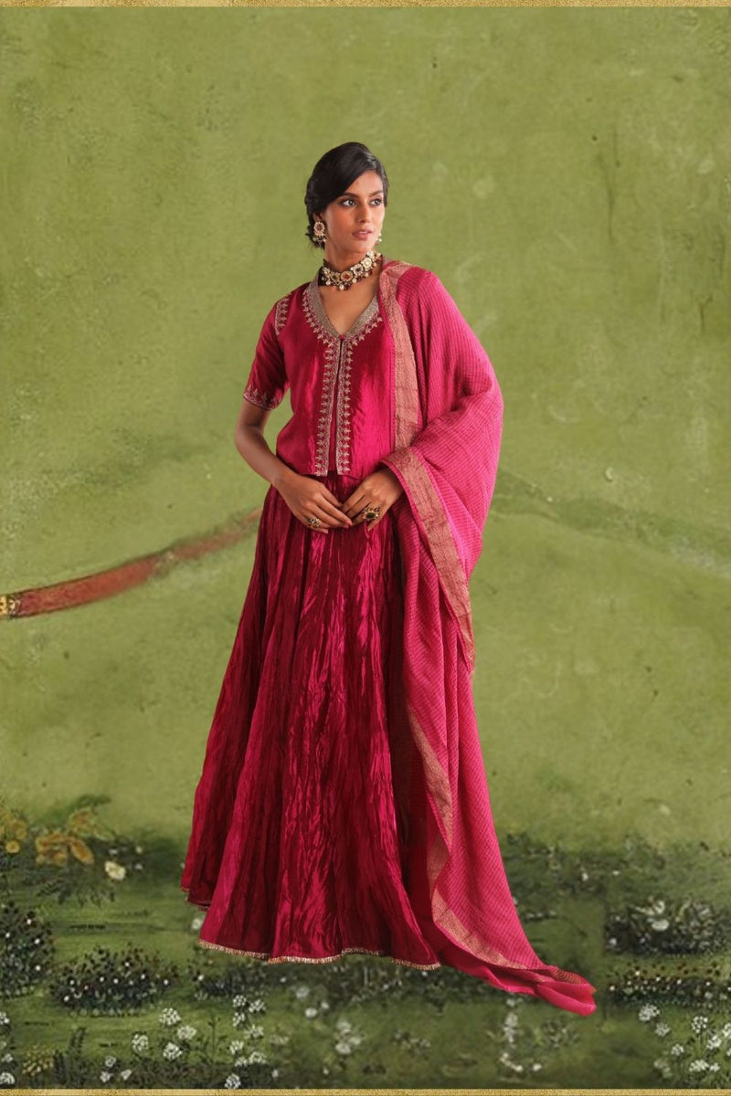 Mulberry Lehenga Choli Dupatta by Myoho in pink color for women Worldwide
