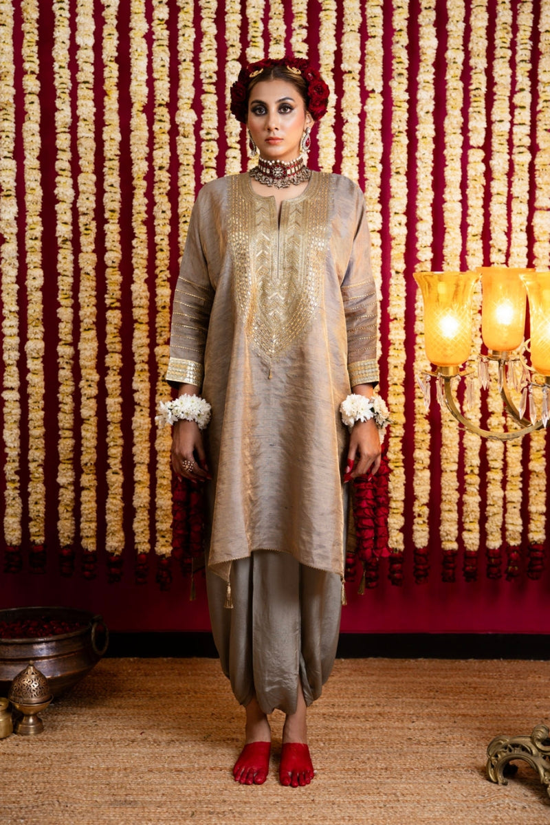 Raw Silk Tissue Tunic & Dhoti Pant Set-Khaki