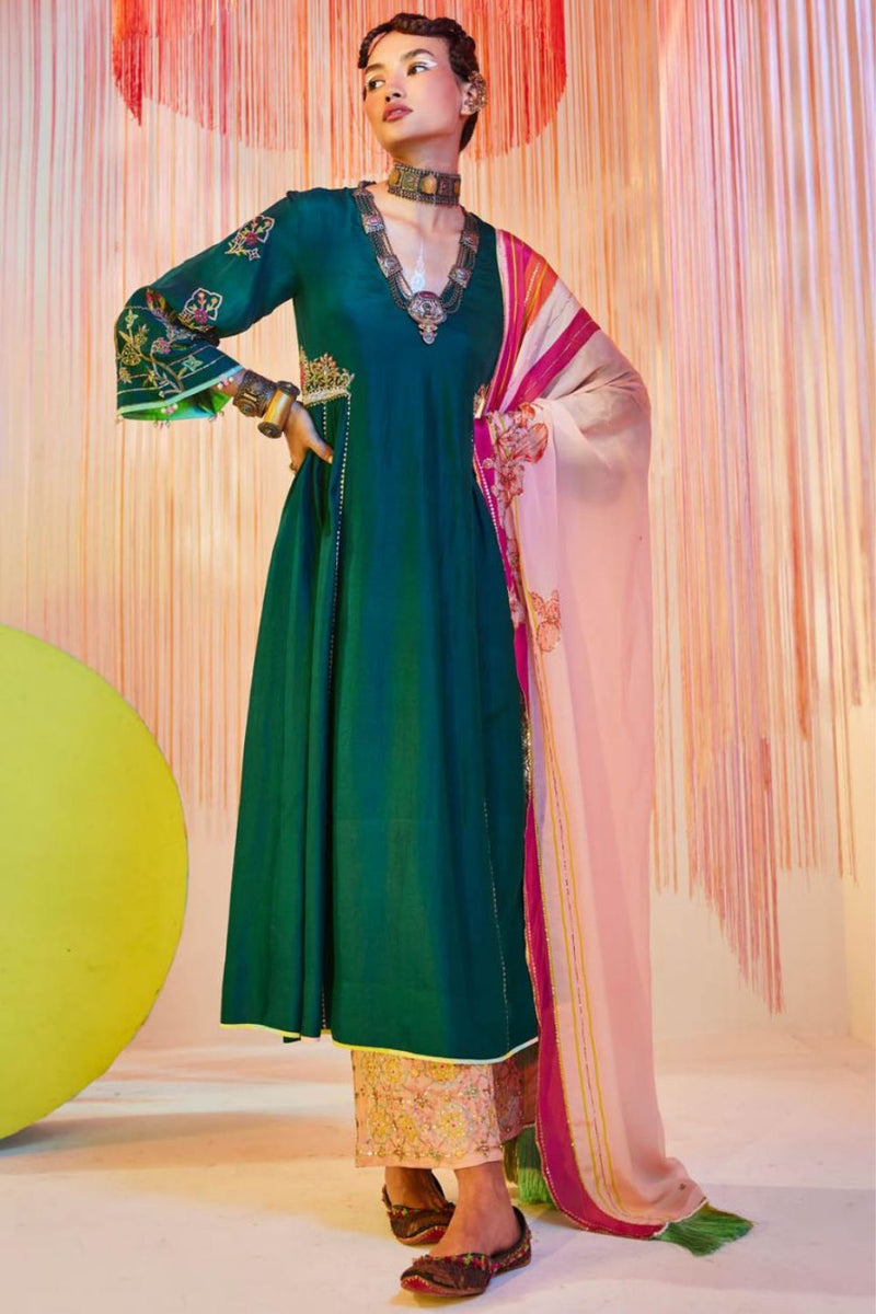 TEAL GREEN SIDE KALI KURTA SET Kurta Sets by Rajiramniq for women Worldwide
