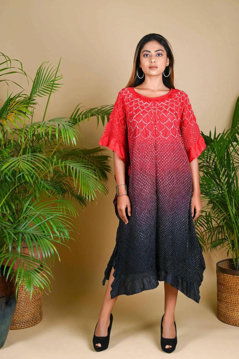 SUNFLOWER KAFTAN-RED TO BLACK SHADED silk by Dyelogue in multi color for women Worldwide