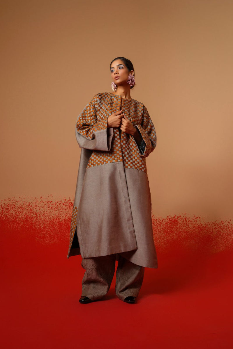 Current Overlay-Leaf green + Grey mysore silk jackets and overlays by Stoique in leaf green, grey for women Worldwide