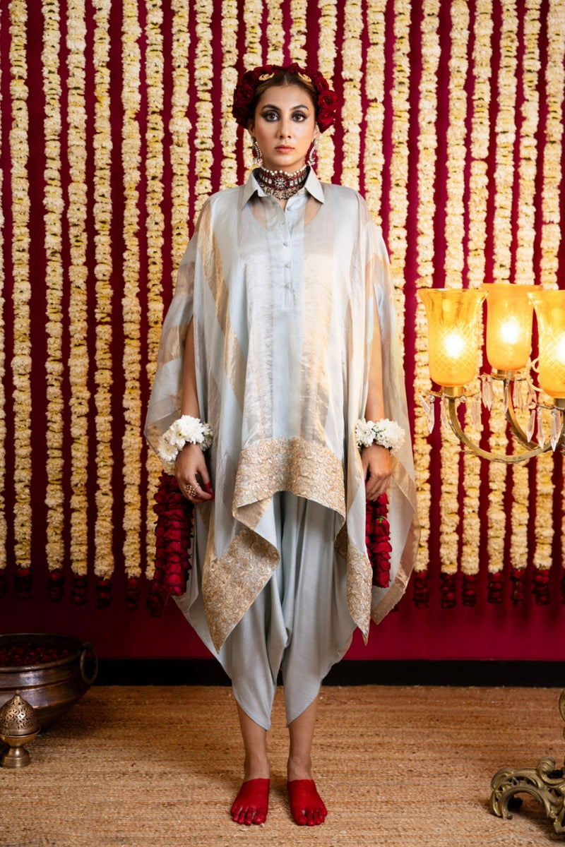 Chanderi Silk Jumpsuit & Cape Set-Ice Blue chanderi silk indo-western by Sabo by Sabina in blue for women Worldwide