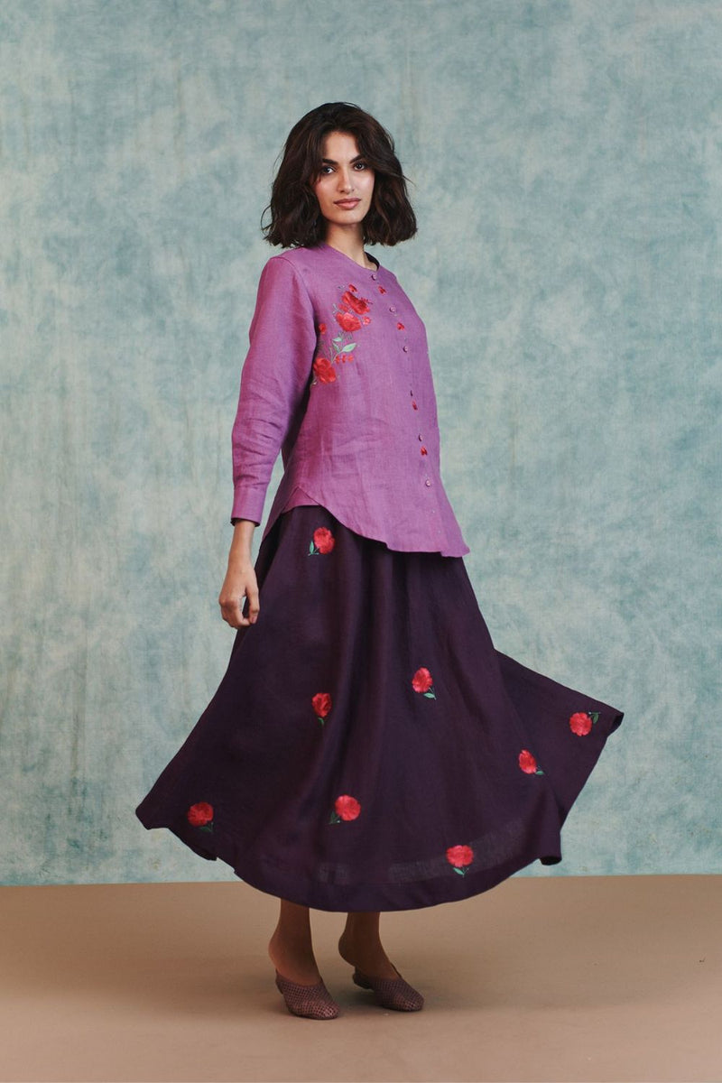 Berry Linen Embroidered Shirt and Plum Linen Flared Skirt Set 100% pure linen co-ord set by Saphed in lilac for women Worldwide