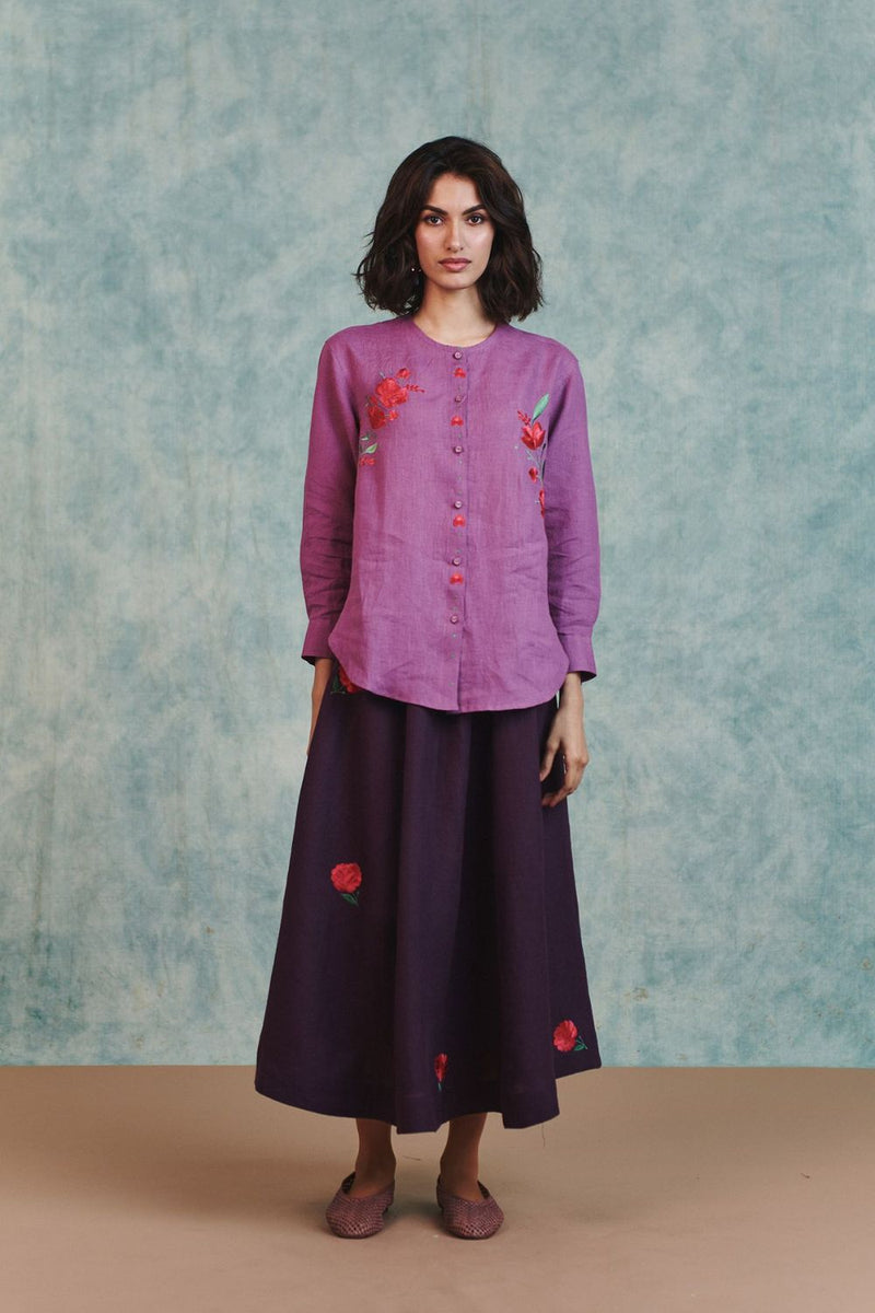 Berry Linen Embroidered Round Hem Shirt 100% pure linen top/shirt by Saphed in lilac for women Worldwide