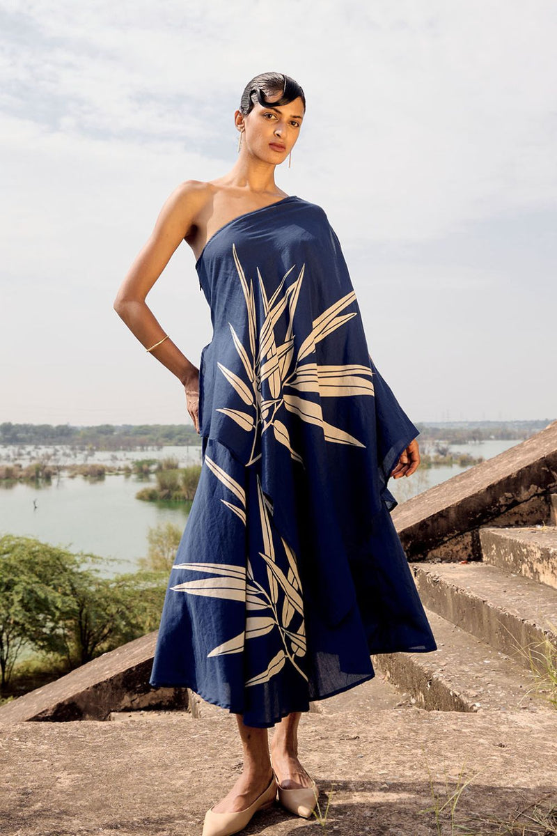 Spinetail one shoulder dress cotton by Khara Kapas in blue for women Worldwide